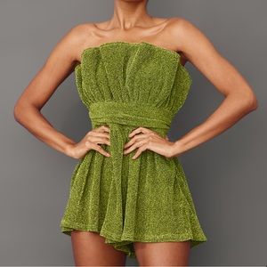 NWT Emerald Green Glitter Plisse Frill Bandeau Romper
